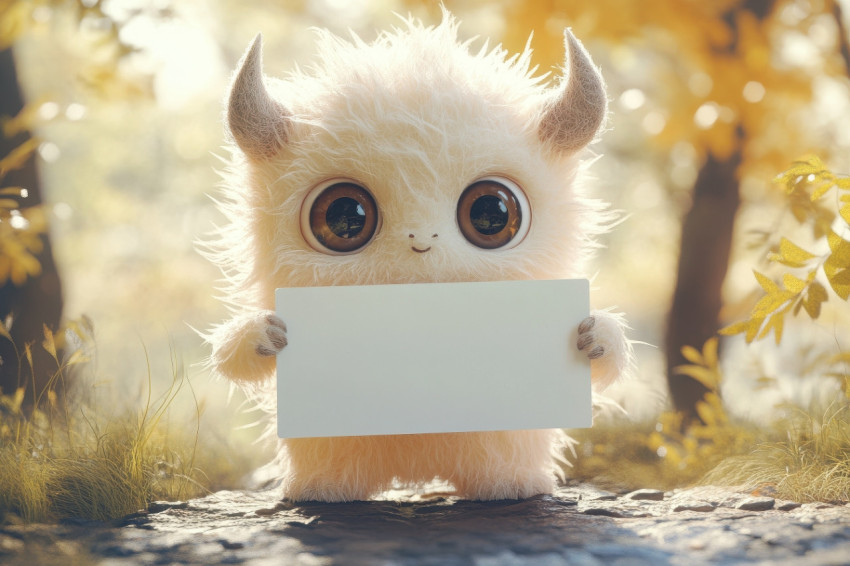 Adorable baby monster with soft fur and bright eyes holds blank sign in sunny park Pixar Adorable baby monster with soft fur and bright eyes holds blank sign in sunny park Pixar