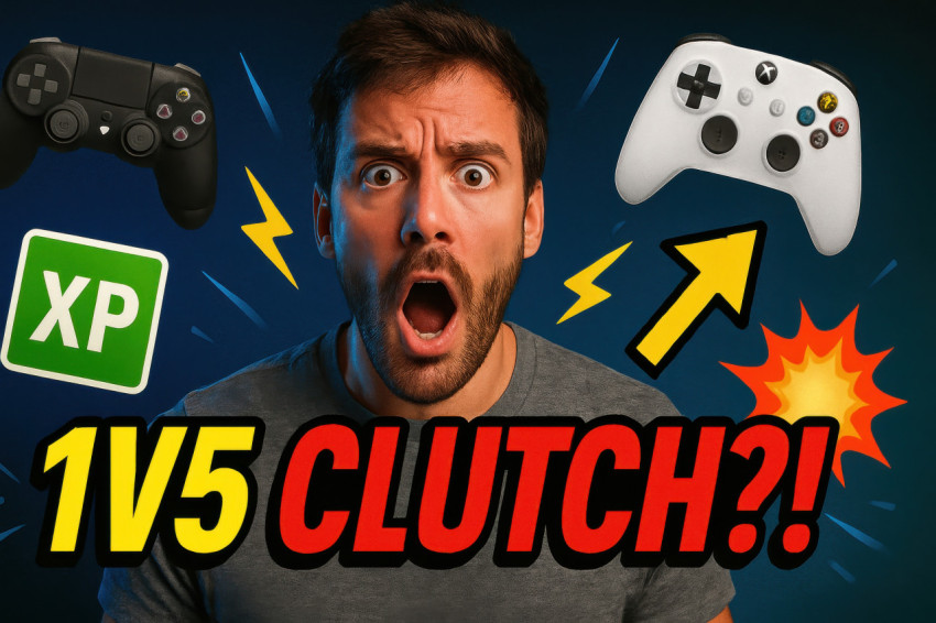 Shocked gamer surrounded by game controllers and XP symbols