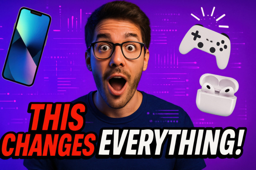 Excited tech influencer reacts to gadgets and smartphones flying around neon purple background