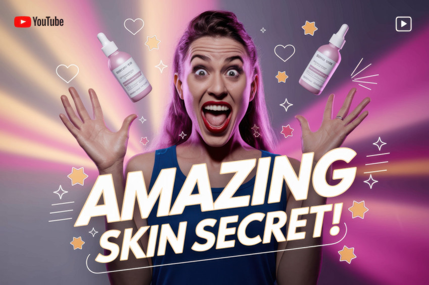 Happy beauty expert reacts to skincare bottles and sparkles floating on soft pink purple gradient