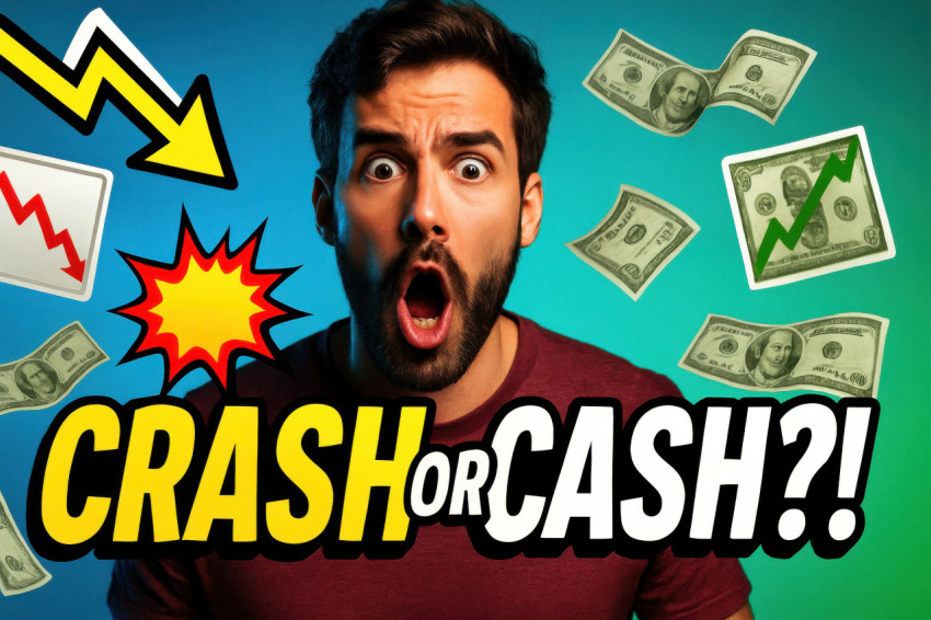 Finance expert with shocked face surrounded by floating money and stock charts on blue green gradient