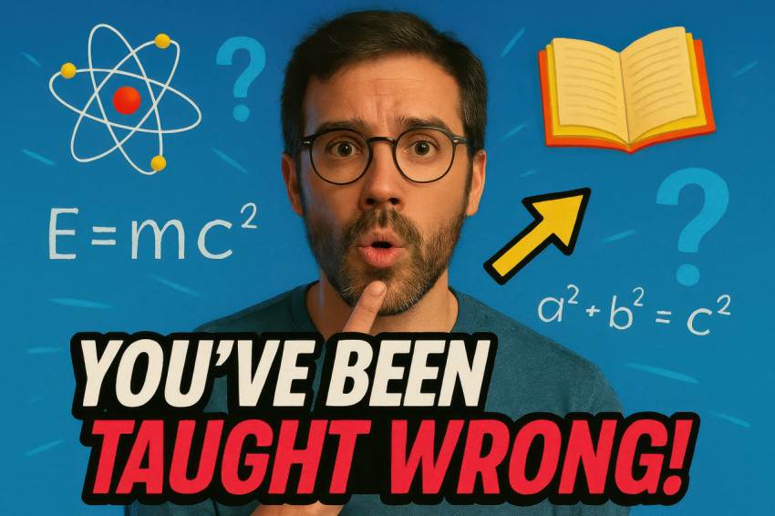 Curious science teacher surrounded by floating atoms and math equations on electric blue background