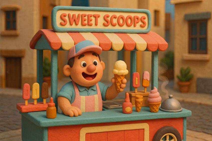 Happy cartoon seller with pink and blue outfit serving ice cream cones at vintage teal ice cream stall in soft morning light Happy cartoon seller with pink and blue outfit serving ice cream cones at vintage teal ice cream stall in soft morning light