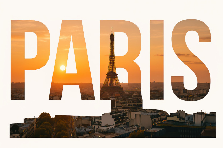 Eiffel Tower at sunset in dreamy Paris city double exposure inside bold PARIS text on white background