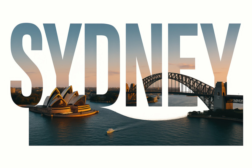 Sydney Harbour with Opera House and Bridge in sunset tones inside bold SYDNEY text on clean white background Sydney Harbour with Opera House and Bridge in sunset tones inside bold SYDNEY text on clean white background