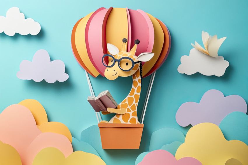 Giraffe with glasses reading in a hot air balloon floats in a paper world of color