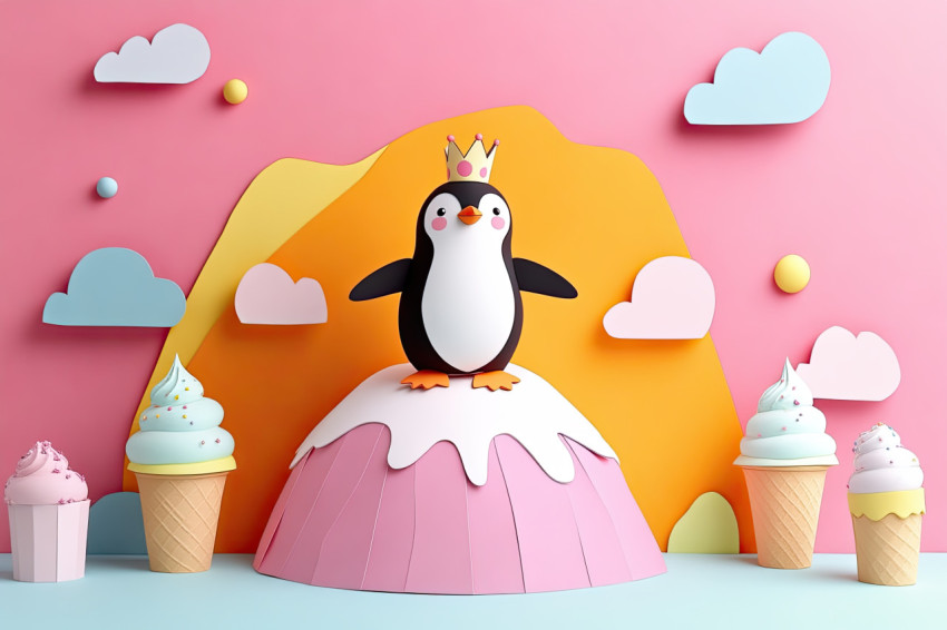 Dancing penguin with crown on ice cream glacier in colorful paper cutout scene Dancing penguin with crown on ice cream glacier in colorful paper cutout scene