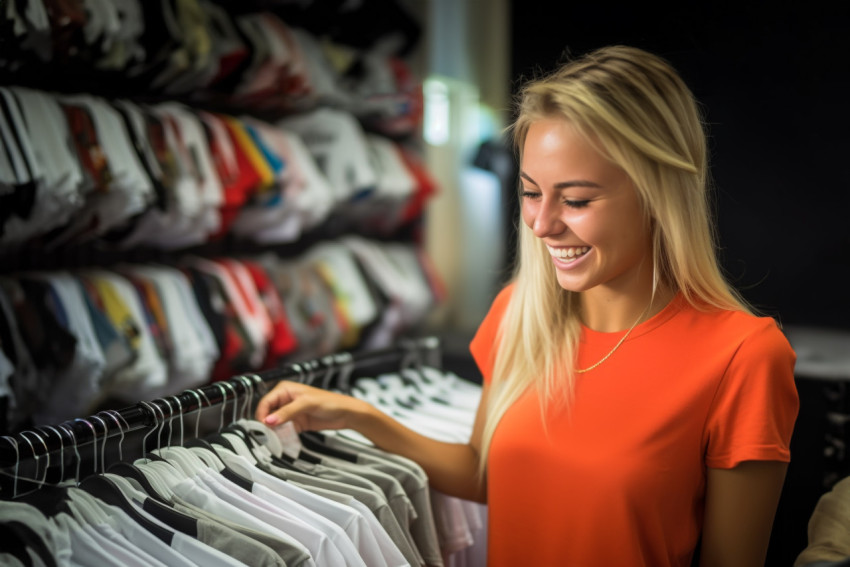 A photo of a happy young woman shopping looking at the price of a t shirt