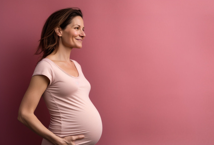 a pregnant woman against a pink backdrop