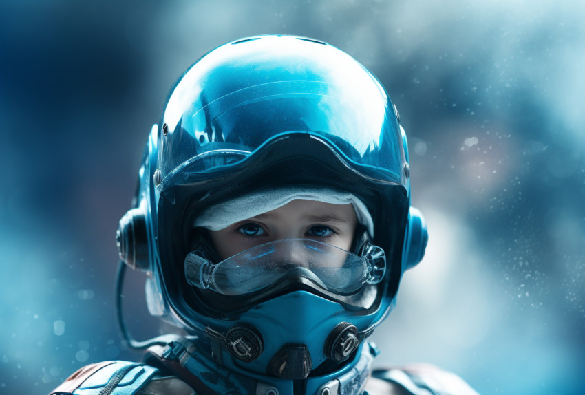 A little man with a blue helmet from the future