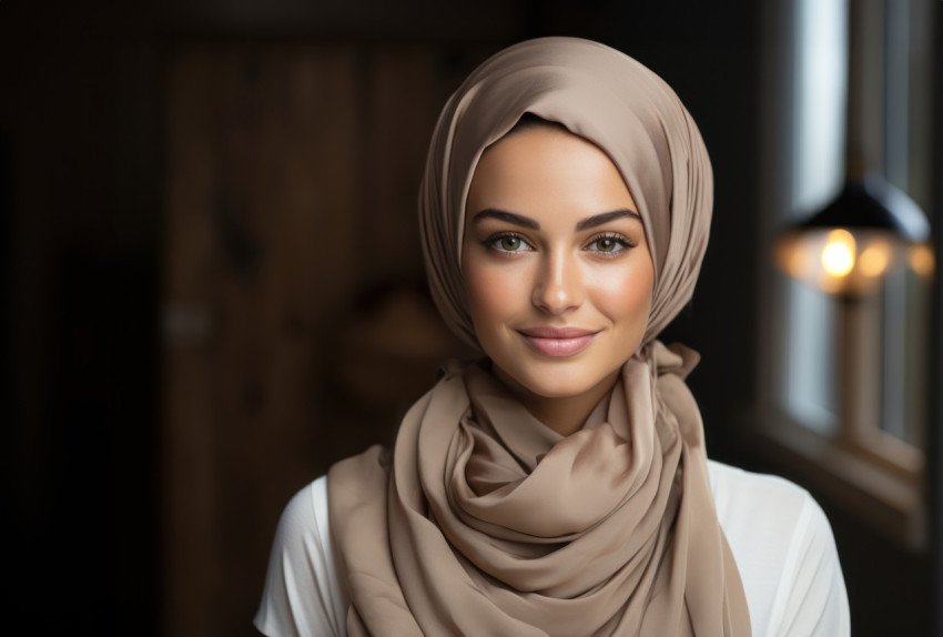 Joyful young muslim woman in beige hijab captured against a neutral white setting