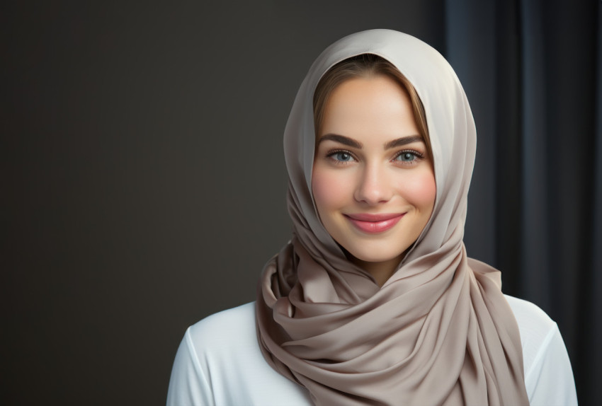 Joyful muslim woman in hijab showcasing confidence and happiness on a plain white background