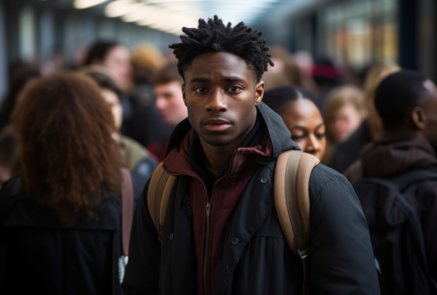 In a busy train station a black man gazes at a diverse crowd passing by