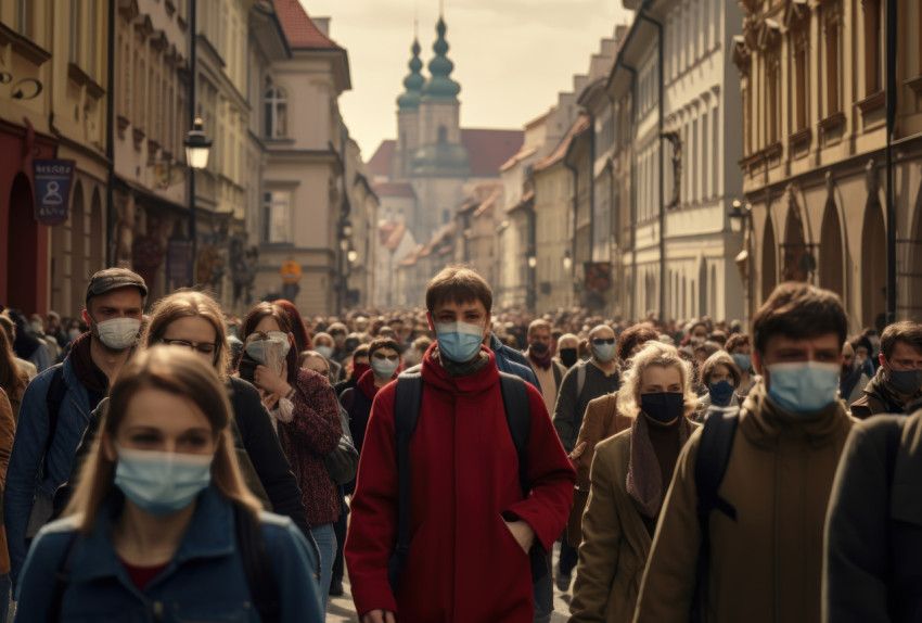 City scene with people in masks navigating through downtown prague