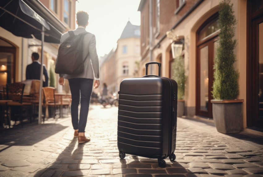 Man and black  suitcase effortlessly with in the road