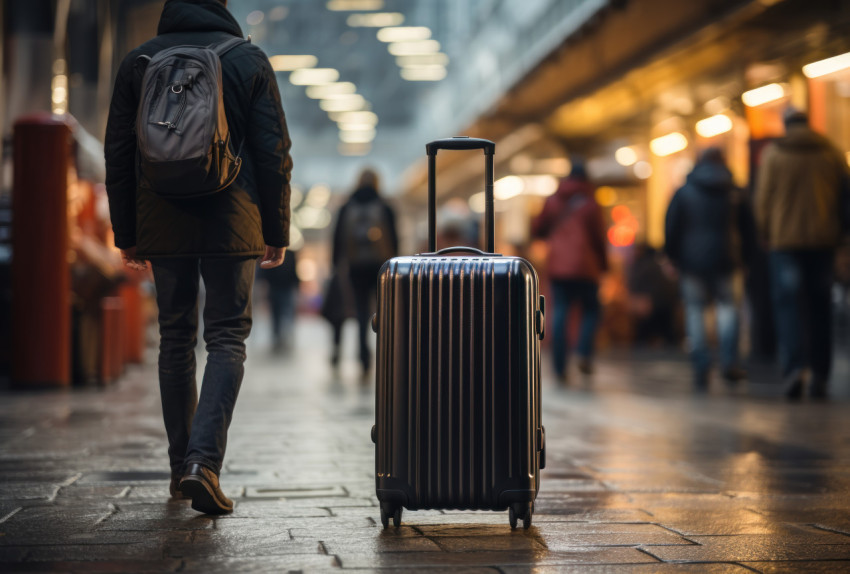 A traveler luggage being by a black suitcase in a straightforward travel setting