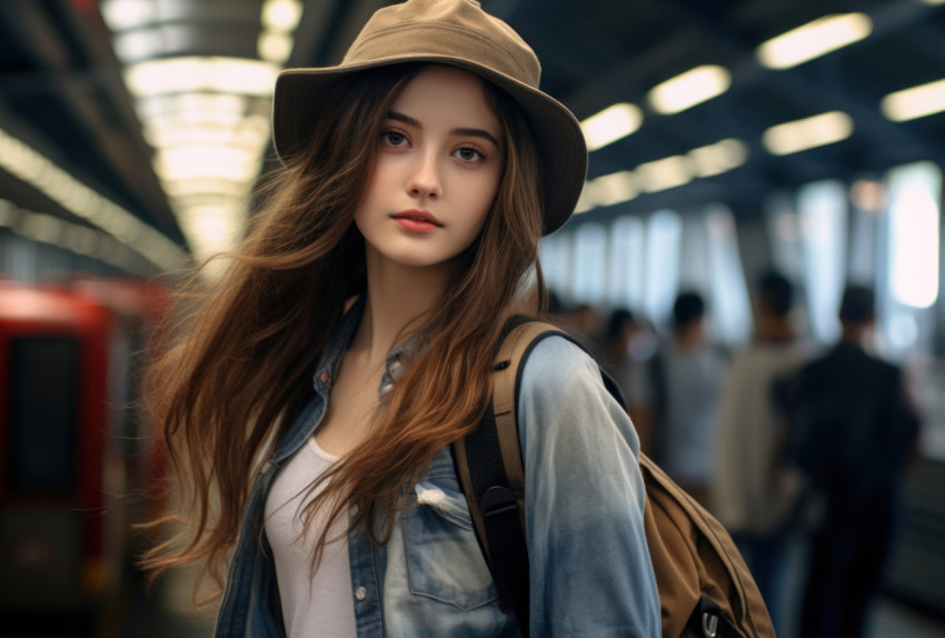 Attractive young woman with backpack at train station