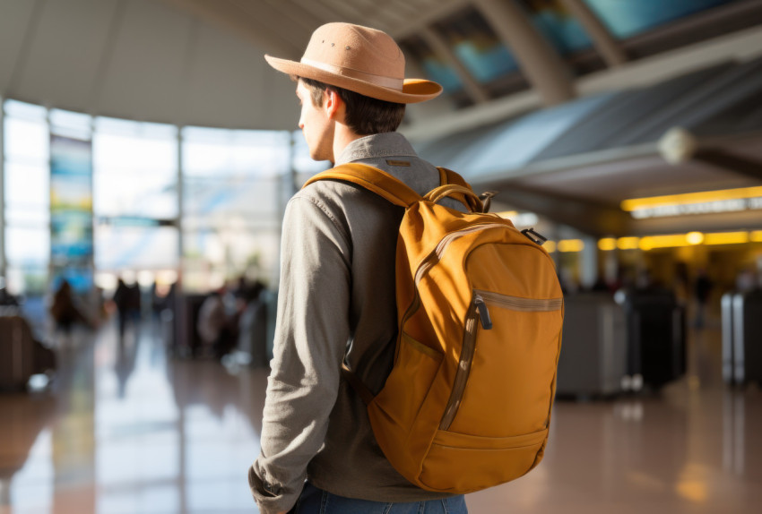 A traveler young man with a backpack through an airport