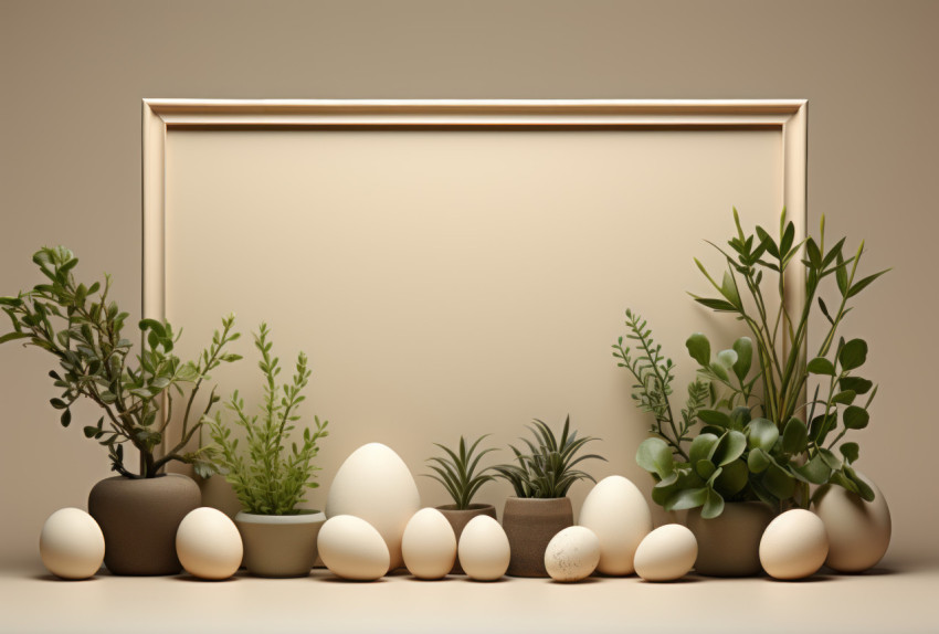 Colorful easter eggs and lush green plants displayed in a wooden frame on a beige background