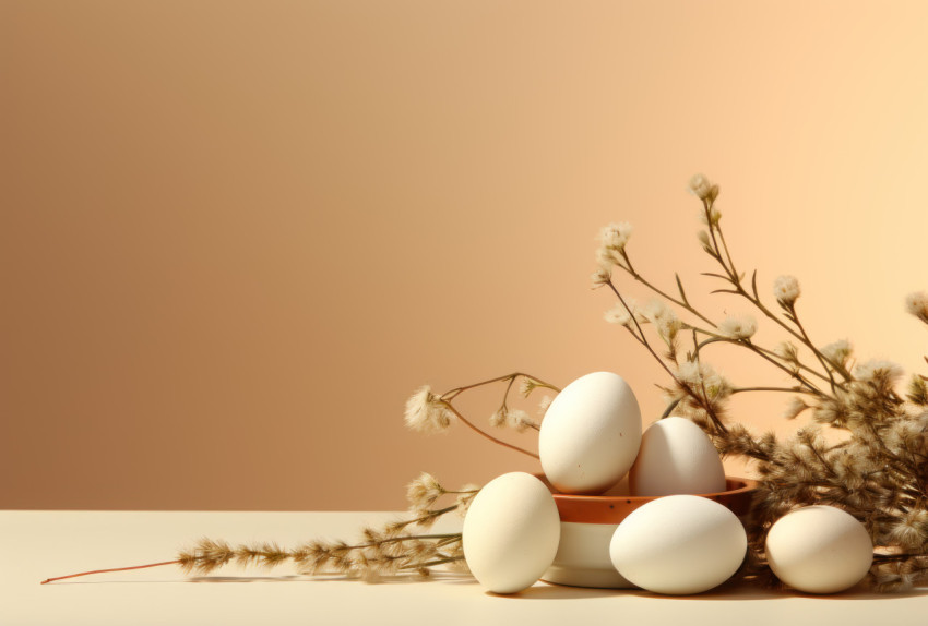 Eggs and plant on honey colored backdrop creating a harmonious natural scene