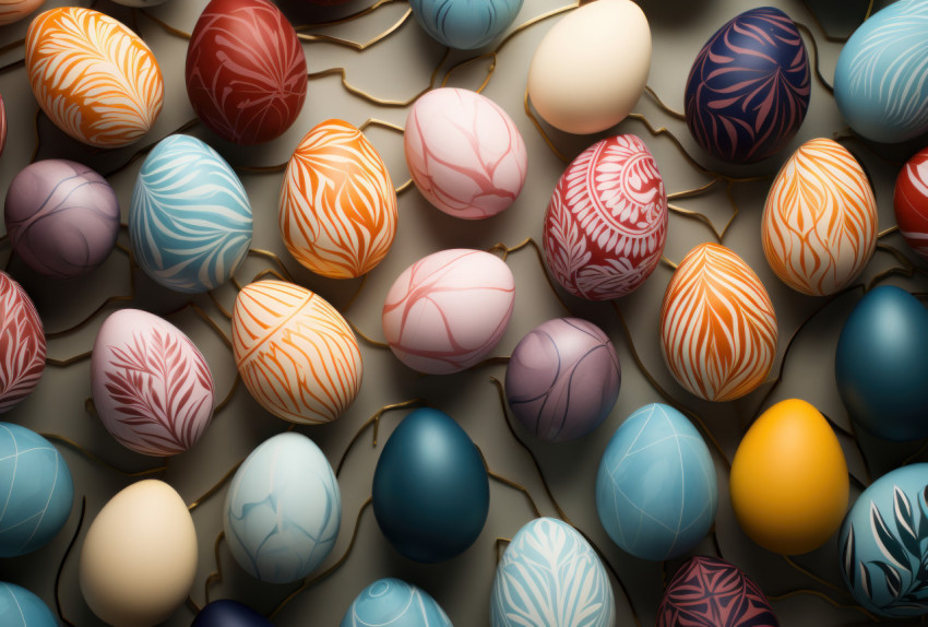 Colorful easter eggs arranged amidst leaves and cords