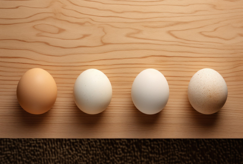 Four eggs arranged neatly on a wooden board