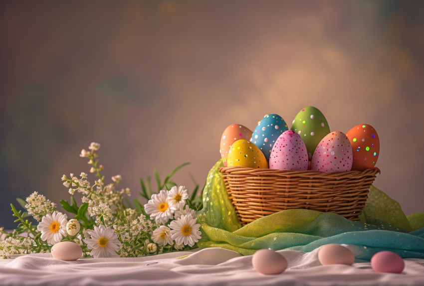 Colorful easter eggs basket beside table with flowers