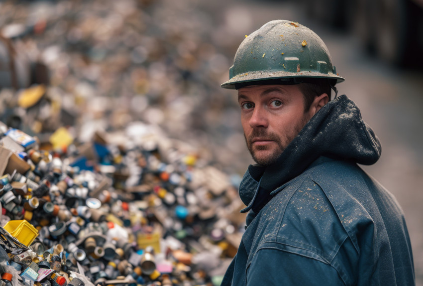 Green workers sort garbage at a recycling factory