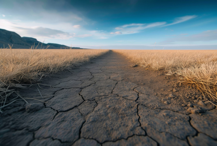 Dry plain with cracked dirt and sparse grass under a parched sky