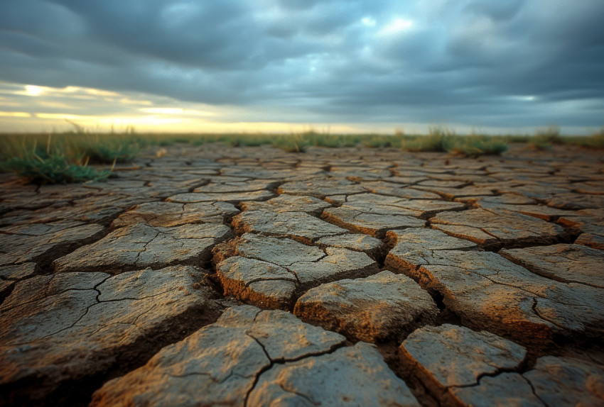 A parched landscape with cracked soil and sparse grass