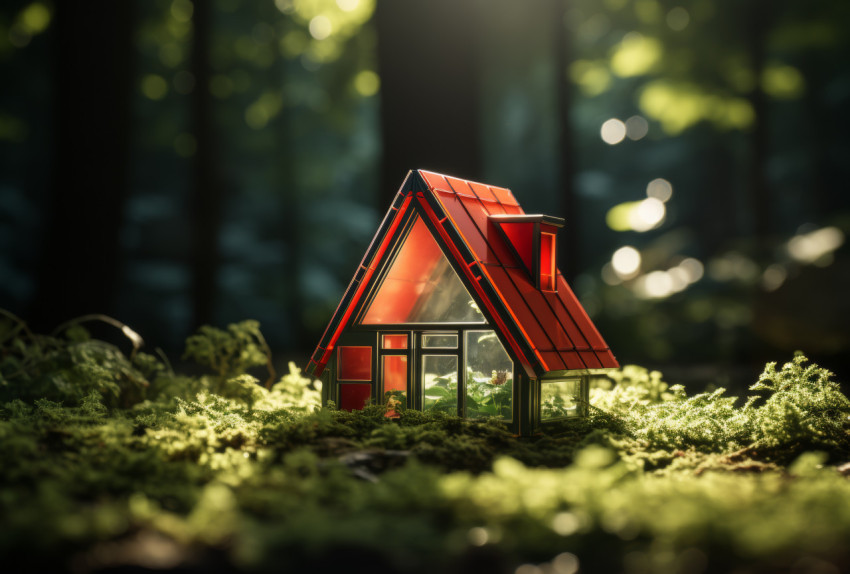 Miniature house resting on lush summer grass