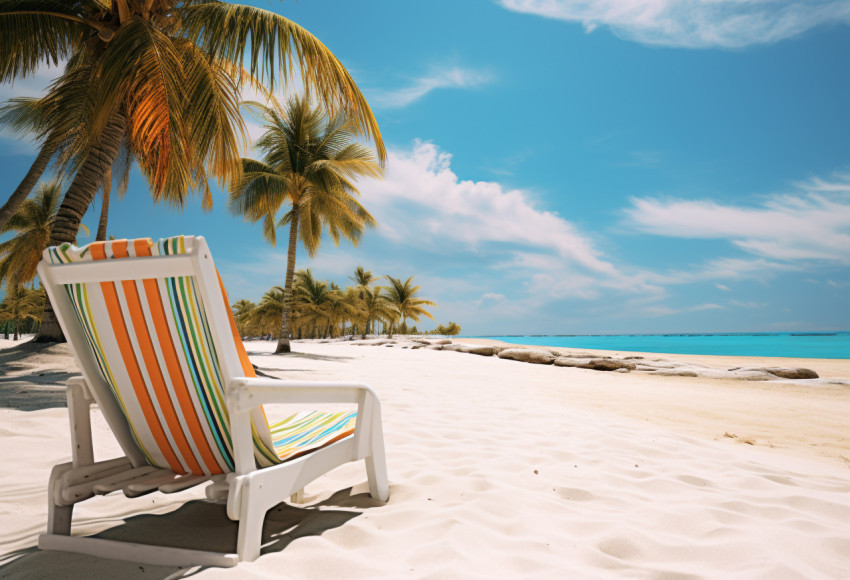 A white sandy tropical beach near palms and palm trees has lounge chairs, Beaches stock images for travel websites