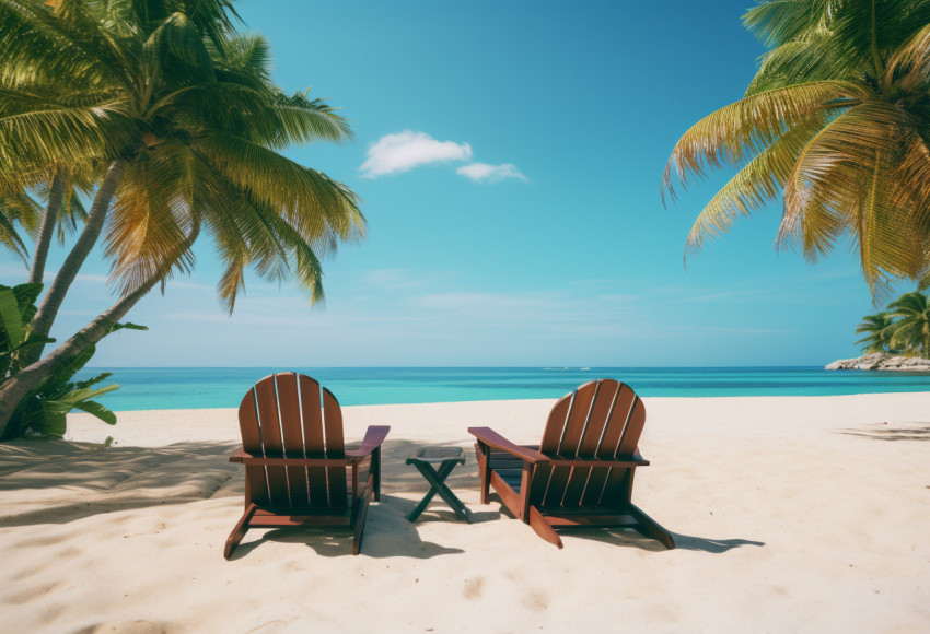 A white sandy tropical beach near palms and palm trees has lounge chairs, Beaches stock images for travel websites