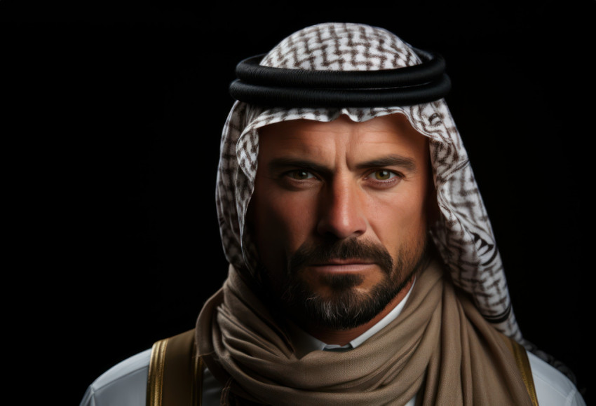 Arab businessman exuding confidence in a scarf and tie against a sleek black setting