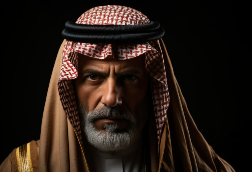 Determined saudi individual faces the unknown against a black backdrop