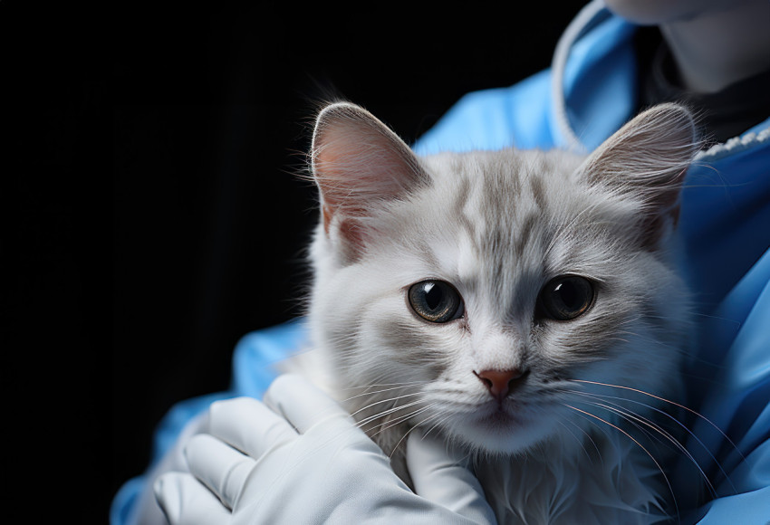 Vet holding cat in white gloves on a black background