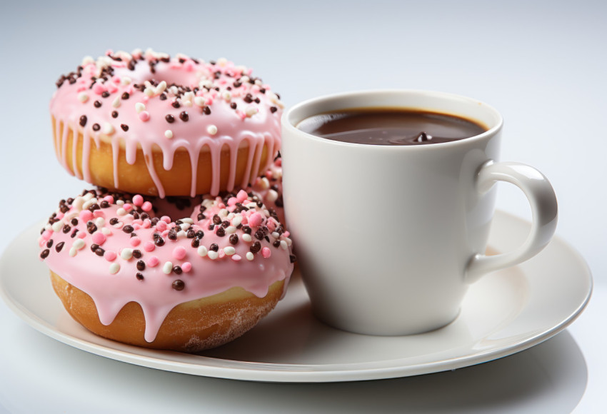 A image of a coffee cup and a donut against a white backdrop