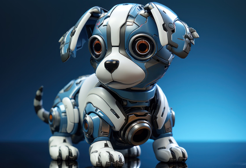 Adorable toy puppy displayed on a blue background