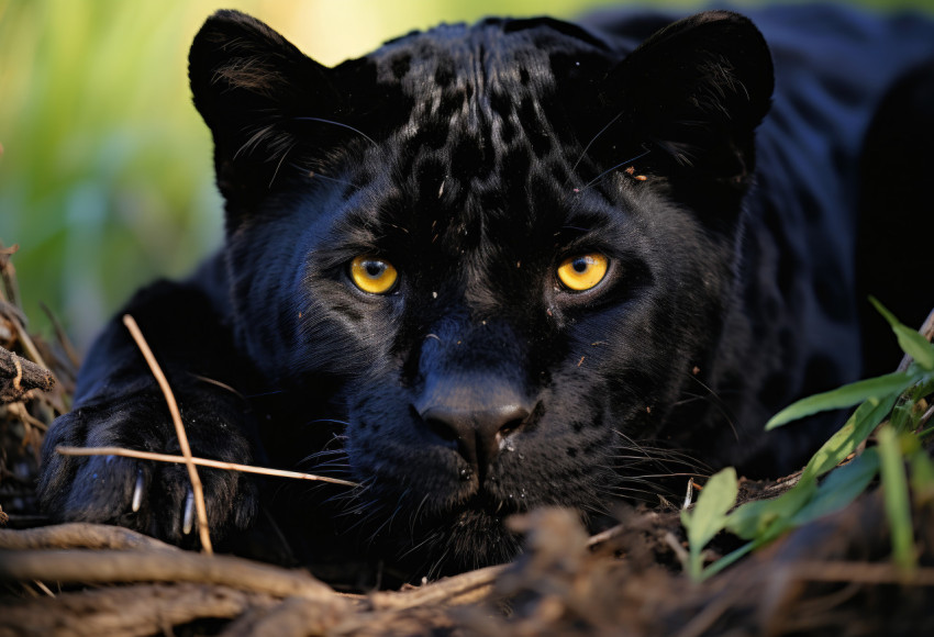 A powerful black panther peacefully resting in the green grass