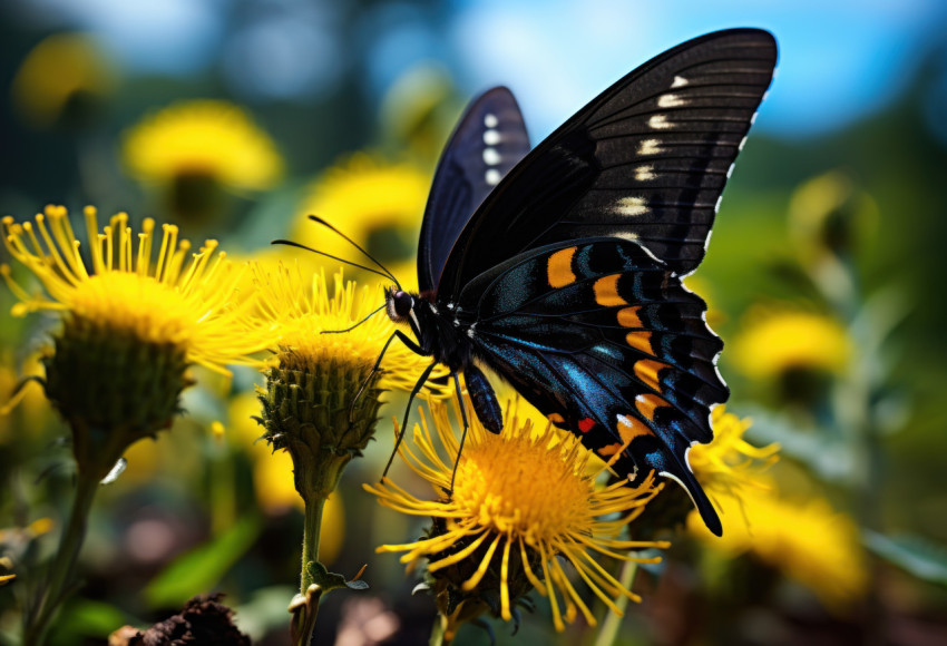 Beautiful butterfly resting gracefully on a yellow flower