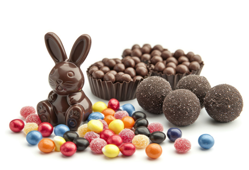 Sweet chocolate bunny and candies on a clean white background