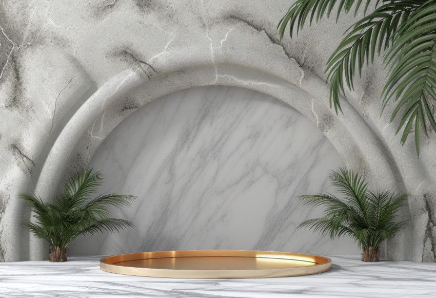 Elegant gold tray holds a delicious cake or dessert surrounded by lush green palms on the ground