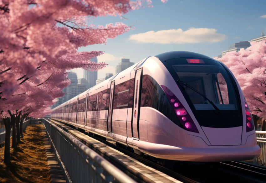 A park scene with a pink metro train in motion