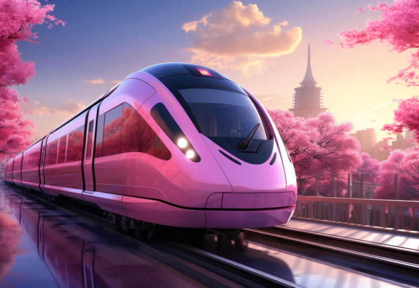 Pink metro train travels across park landscape