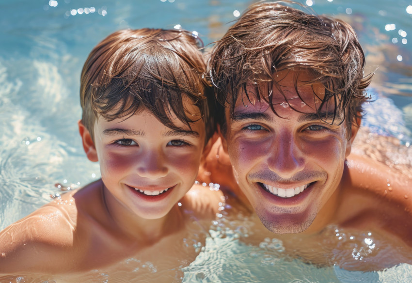 Happy father and son smiling in the pool enjoying a fun day together with laughter and joy