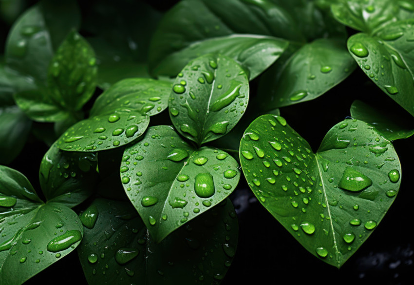 Water droplets spread among lush green leaves