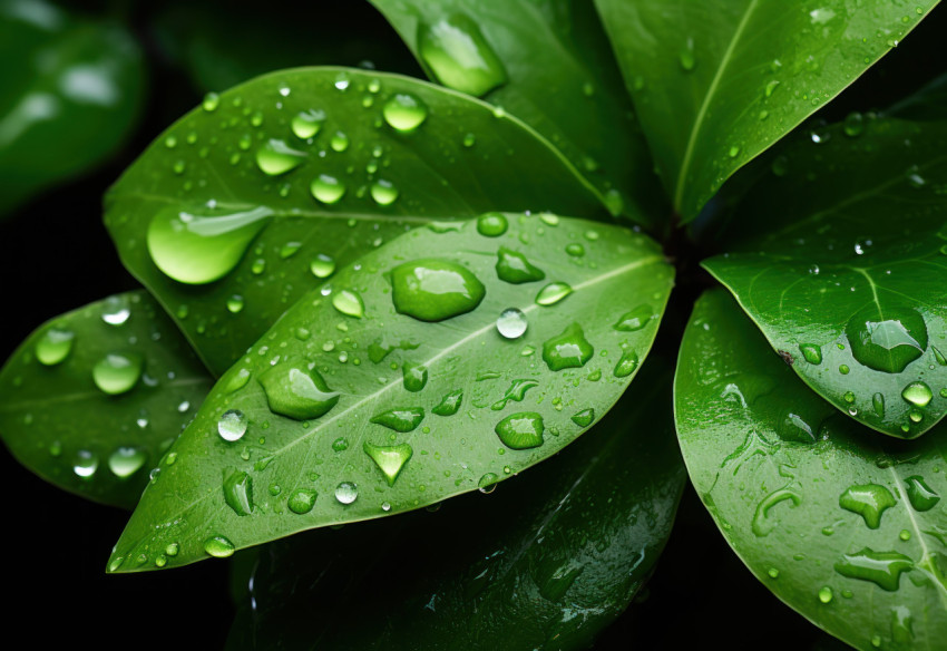 Lush green leaves adorned with scattered water droplets