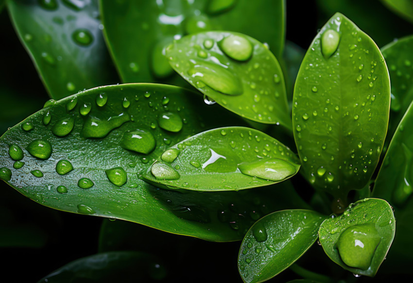 Sparkling water droplets spread on vibrant green leaves