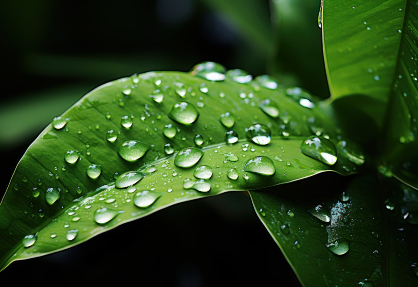 Sparkling water droplets adorn a vibrant green leaf