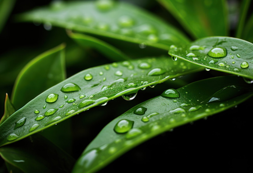 Water droplets glisten on a vibrant green leaf creating a refreshing and natural backdrop